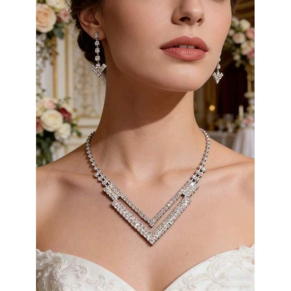 Set Double-Layer V-Shaped Crystal Jewelry Set | Linear Crystal Design Gift